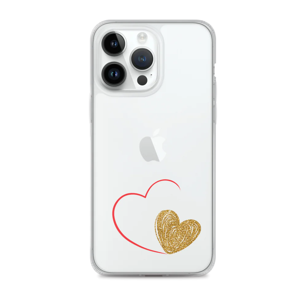 Clear iPhone case with a gold heart and red accents design on the back.