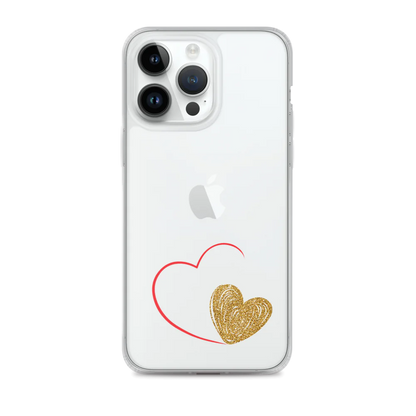 Clear iPhone case with a gold heart and red accents design on the back.