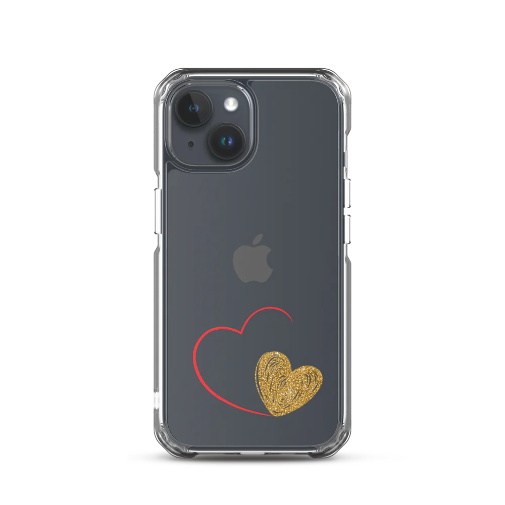 Clear iPhone case with a gold heart and red accents design on the back.