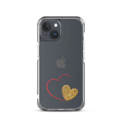 Clear iPhone case with a gold heart and red accents design on the back.