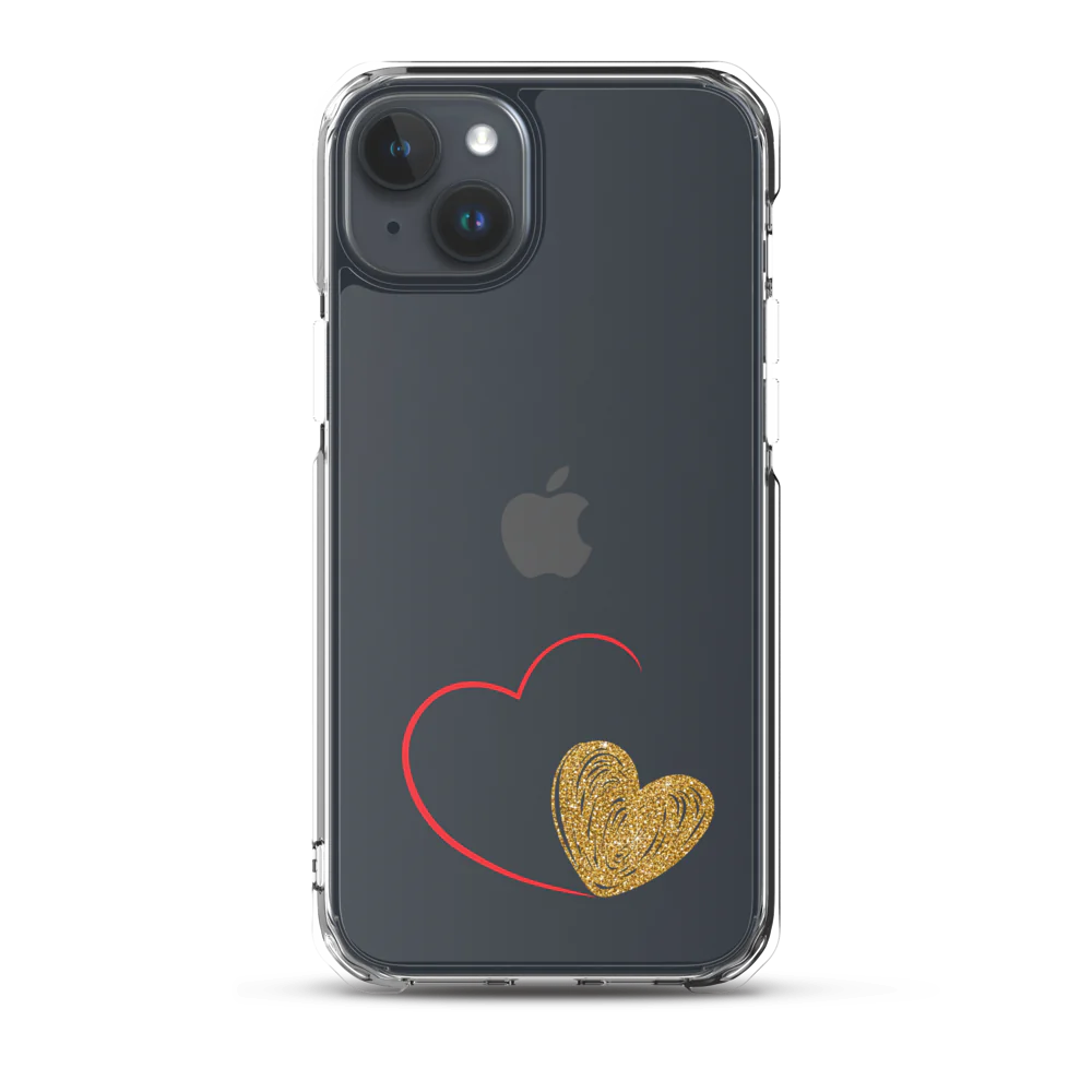 Clear iPhone case with a gold heart and red accents design on the back.