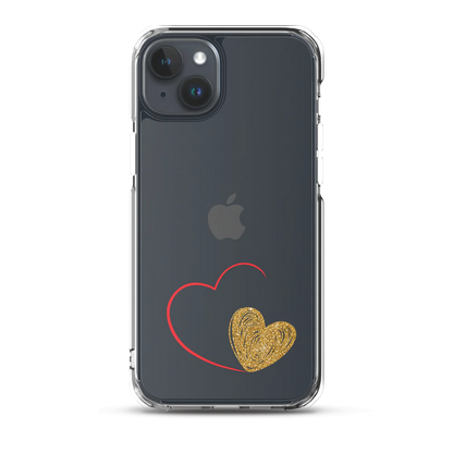 Clear iPhone case with a gold heart and red accents design on the back.