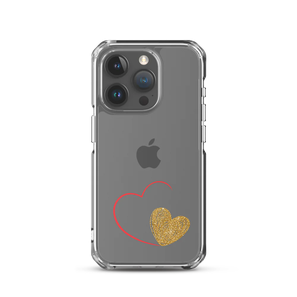 Clear iPhone case with a gold heart and red accents design on the back.