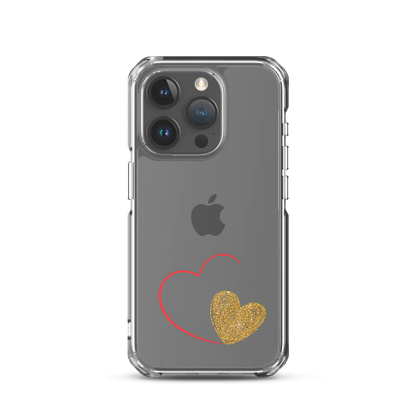 Clear iPhone case with a gold heart and red accents design on the back.