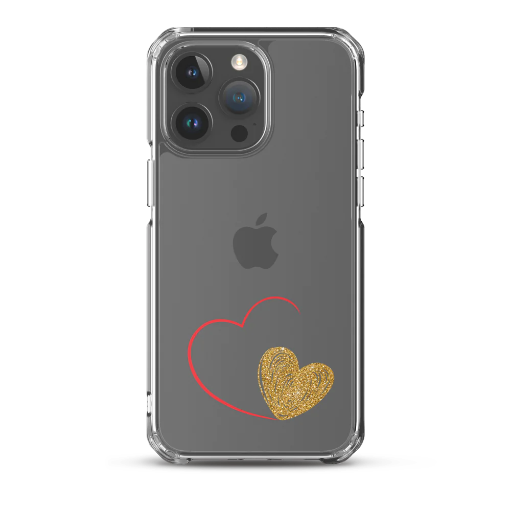 Clear iPhone case with a gold heart and red accents design on the back.