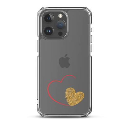 Clear iPhone case with a gold heart and red accents design on the back.