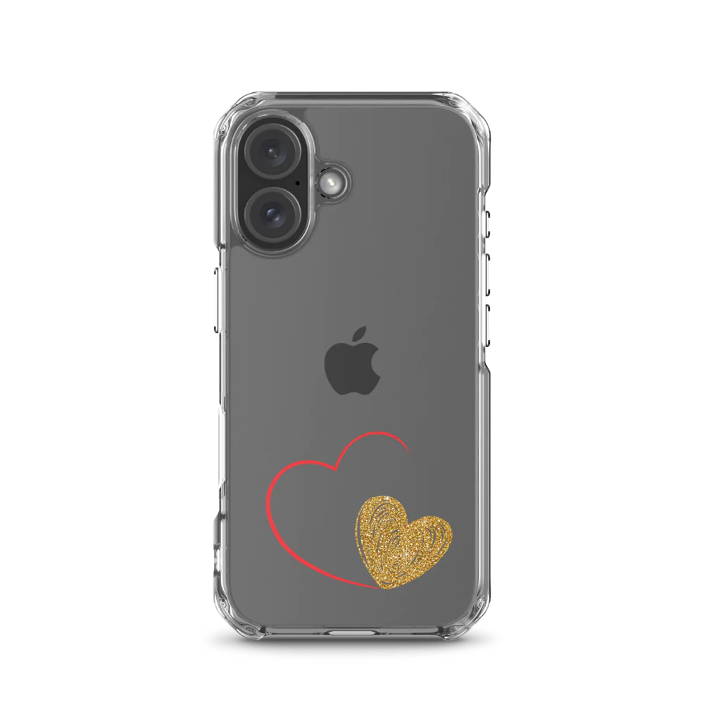 Clear iPhone case with a gold heart and red accents design on the back.