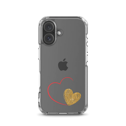 Clear iPhone case with a gold heart and red accents design on the back.