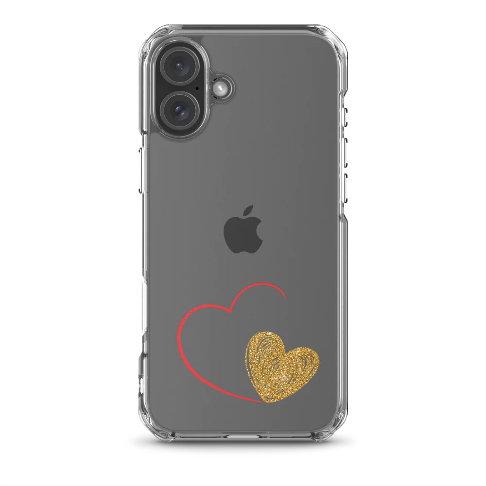 Clear iPhone case with a gold heart and red accents design on the back.
