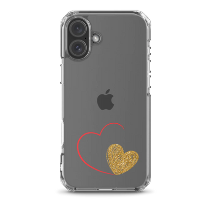 Clear iPhone case with a gold heart and red accents design on the back.