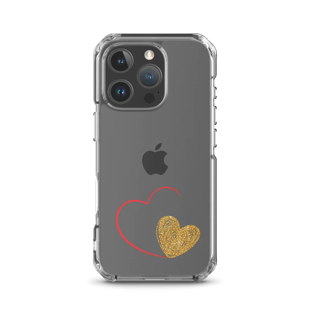 Clear iPhone case with a gold heart and red accents design on the back.