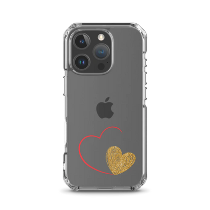 Clear iPhone case with a gold heart and red accents design on the back.