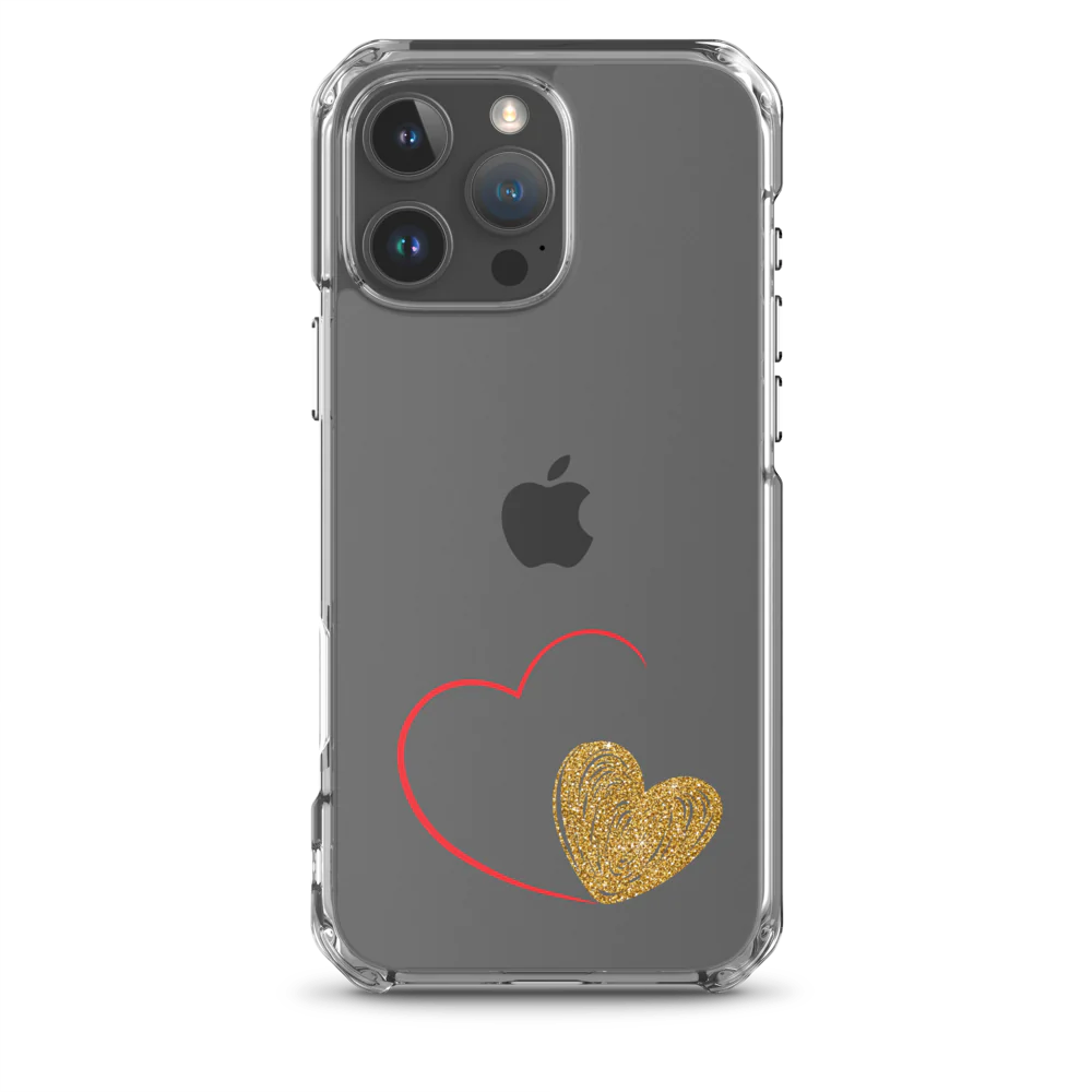 Clear iPhone case with a gold heart and red accents design on the back.