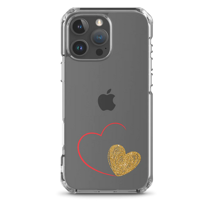 Clear iPhone case with a gold heart and red accents design on the back.