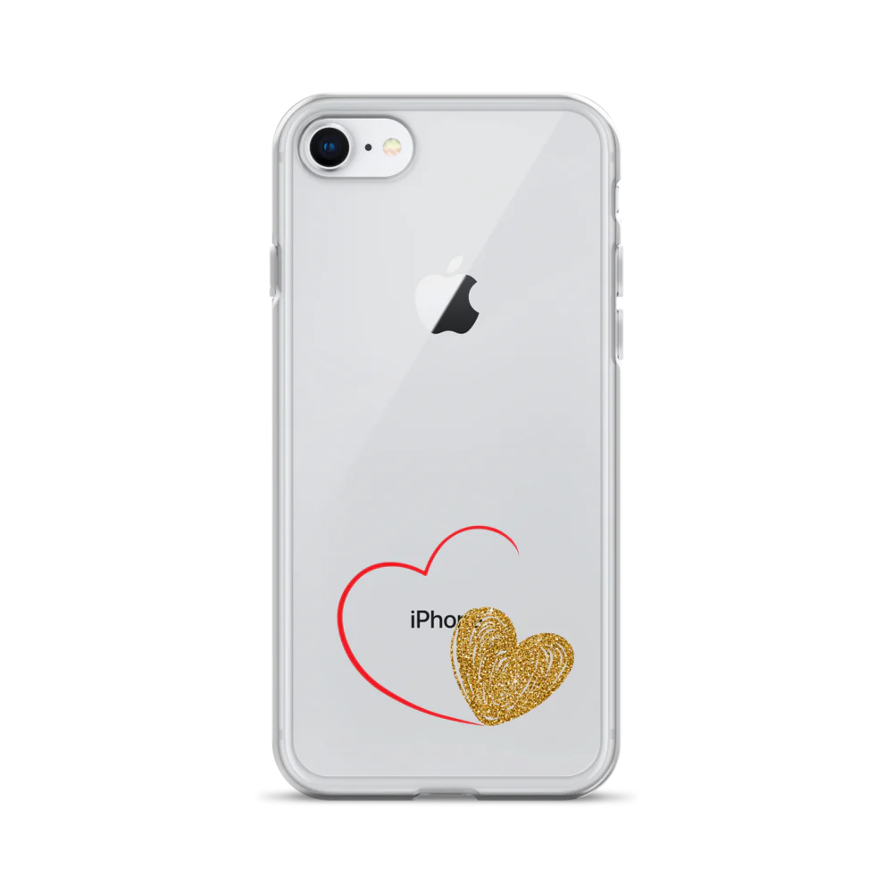 Clear iPhone case with a gold heart and red accents design on the back.