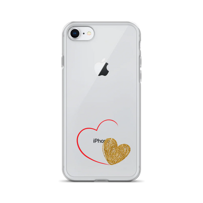 Clear iPhone case with a gold heart and red accents design on the back.