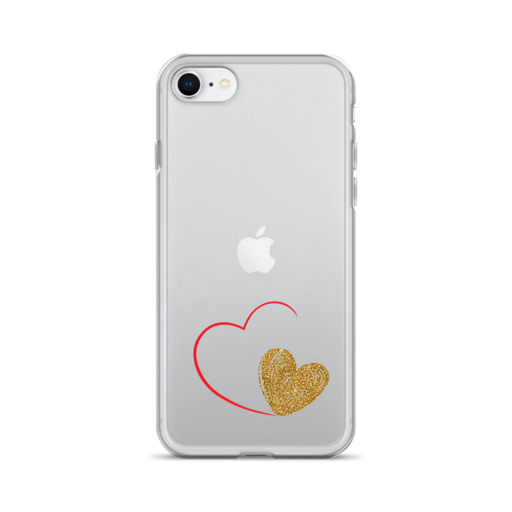 Clear iPhone case with a gold heart and red accents design on the back.