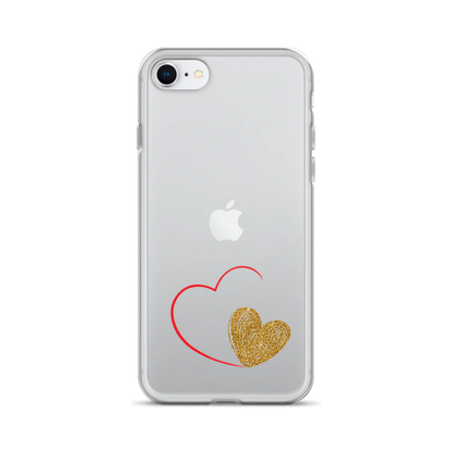 Clear iPhone case with a gold heart and red accents design on the back.