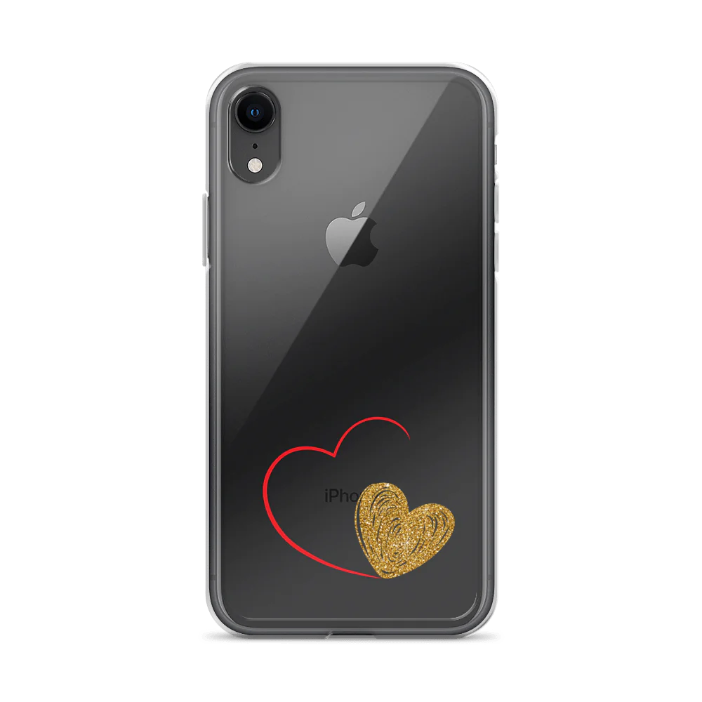 Clear iPhone case with a gold heart and red accents design on the back.