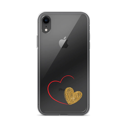Clear iPhone case with a gold heart and red accents design on the back.