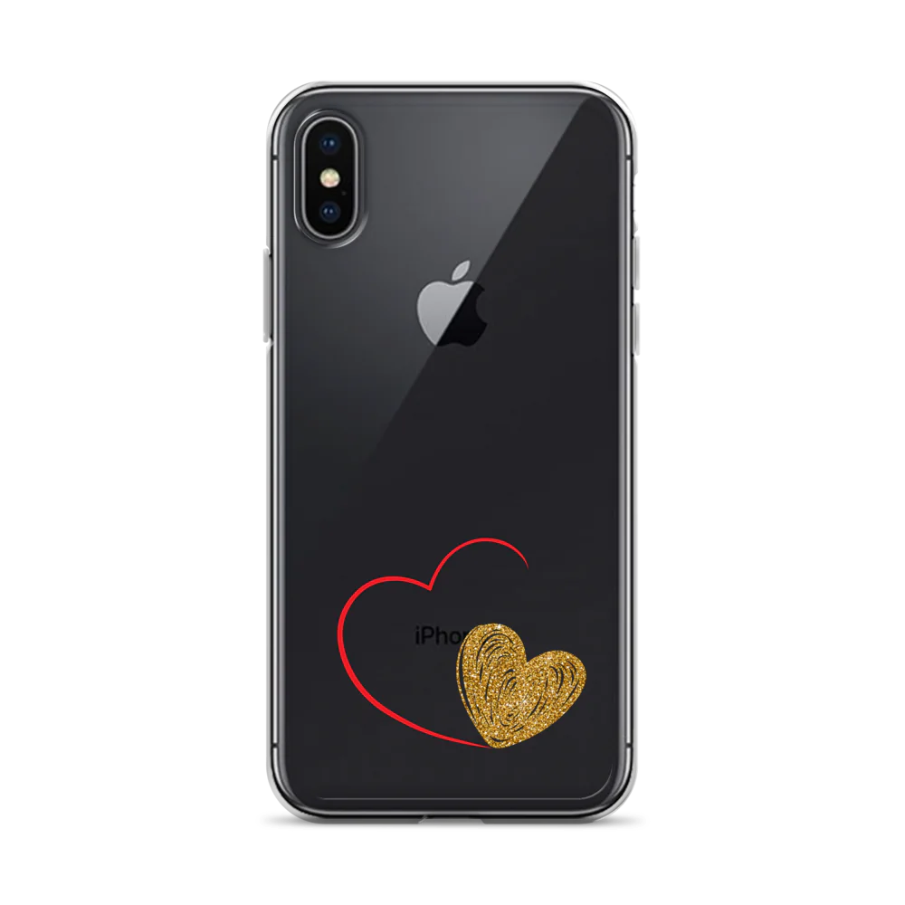 Clear iPhone case with a gold heart and red accents design on the back.