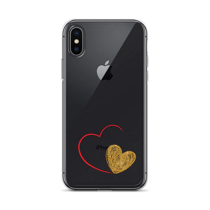 Clear iPhone case with a gold heart and red accents design on the back.