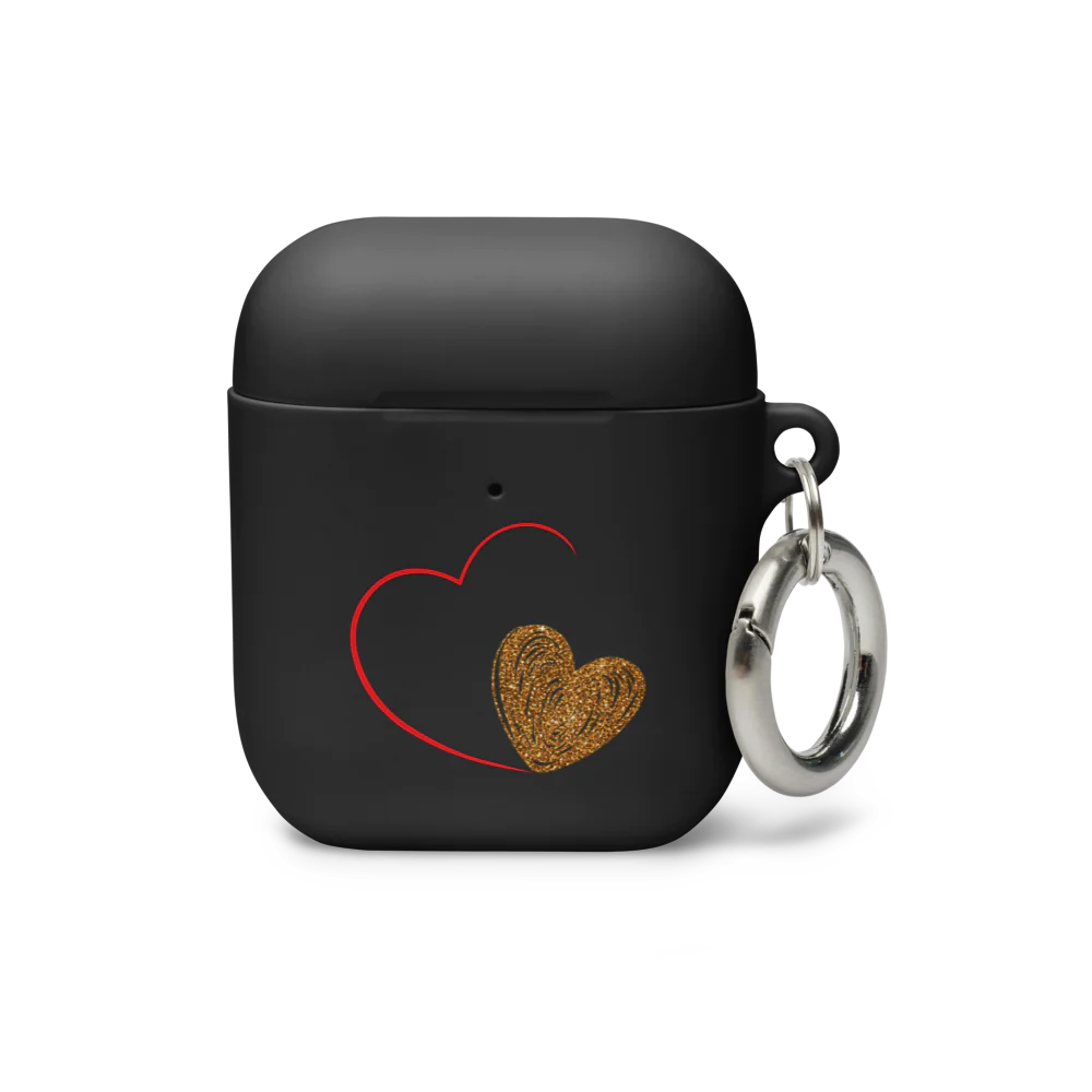 A black AirPods case with a gold heart design on the front, includes a metal carabiner for attachment.