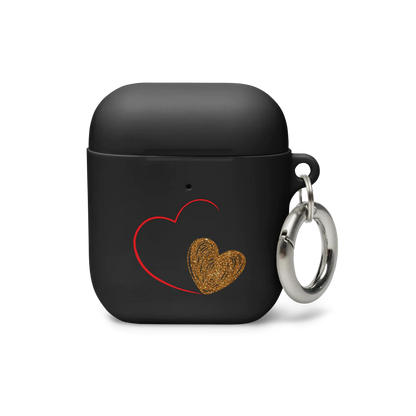 A black AirPods case with a gold heart design on the front, includes a metal carabiner for attachment.