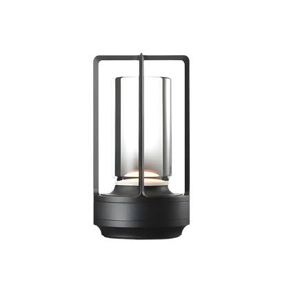 Modern crystal lantern with black metal frame and glass cover.