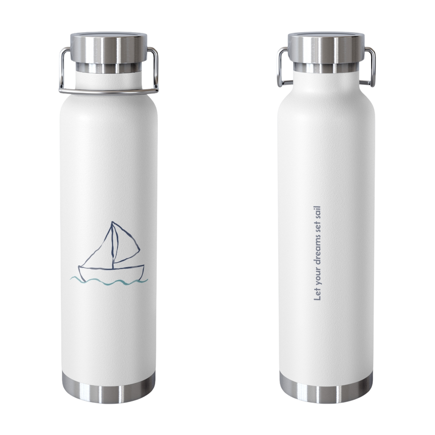 Minimalist sailboat design on copper insulated bottle – Mediterranean theme