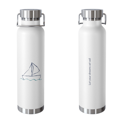 Minimalist sailboat design on copper insulated bottle – Mediterranean theme