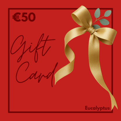 Gift card with a gold bow on a red background, featuring €50 value and 'Eucalyptus' brand.