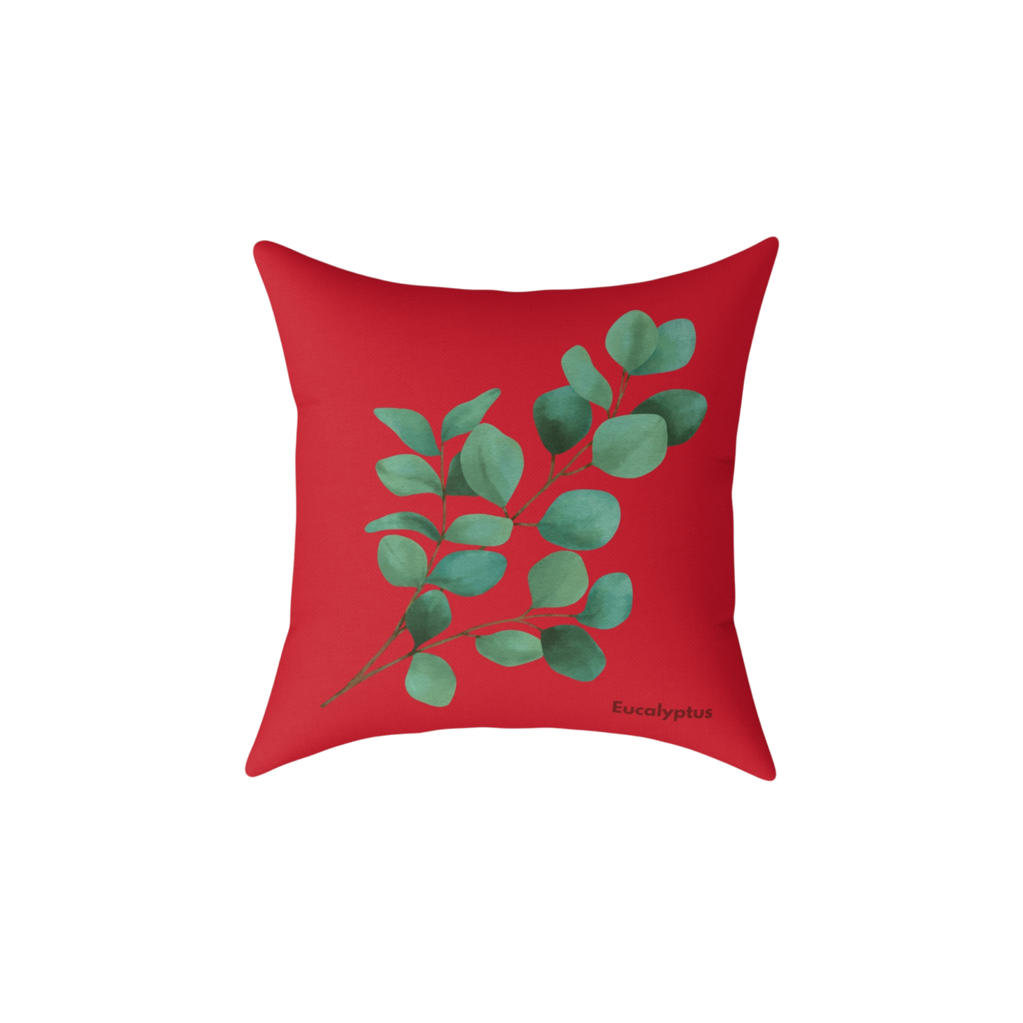 Red square poly canvas pillow with a green eucalyptus design