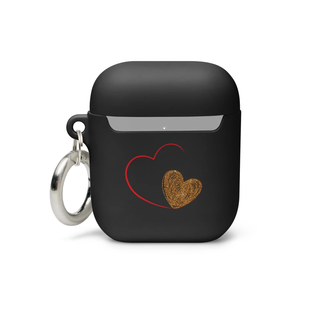 A black AirPods case with a gold heart design on the front, includes a metal carabiner for attachment.