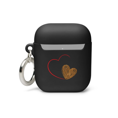 A black AirPods case with a gold heart design on the front, includes a metal carabiner for attachment.