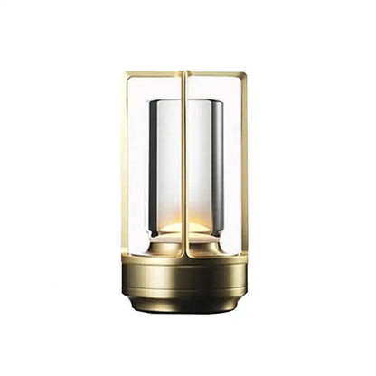 A gold crystal lantern with a white light illuminated from the inside.