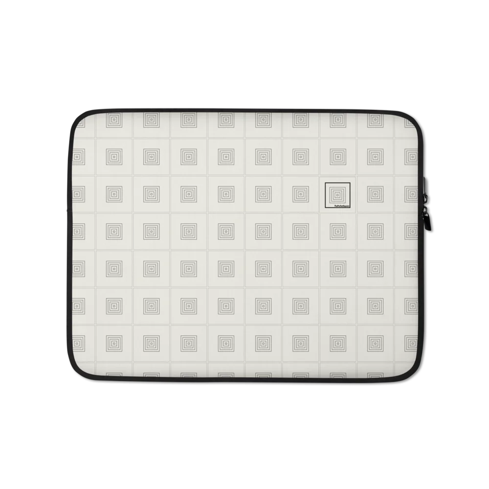 Laptop sleeve made from neoprene fabric, featuring a zip closure and a square pattern