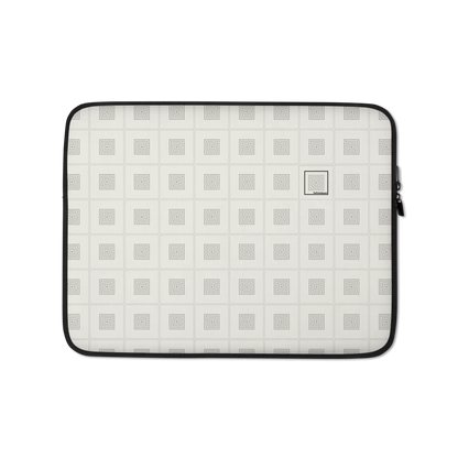 Laptop sleeve made from neoprene fabric, featuring a zip closure and a square pattern