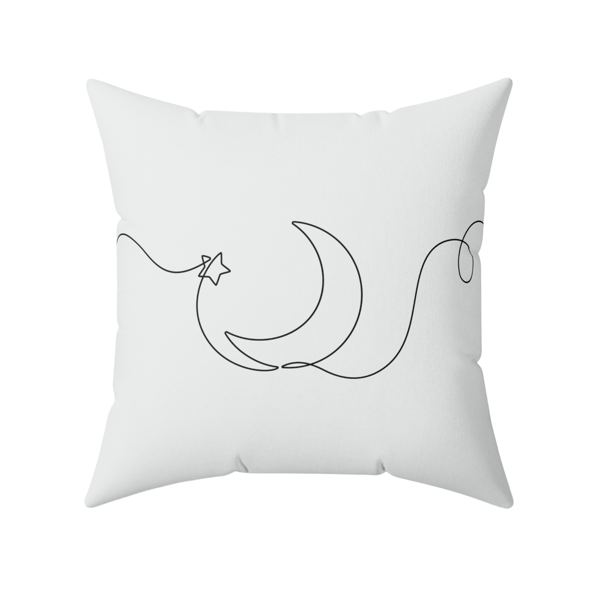 White pillow with black line art design of a crescent moon and star