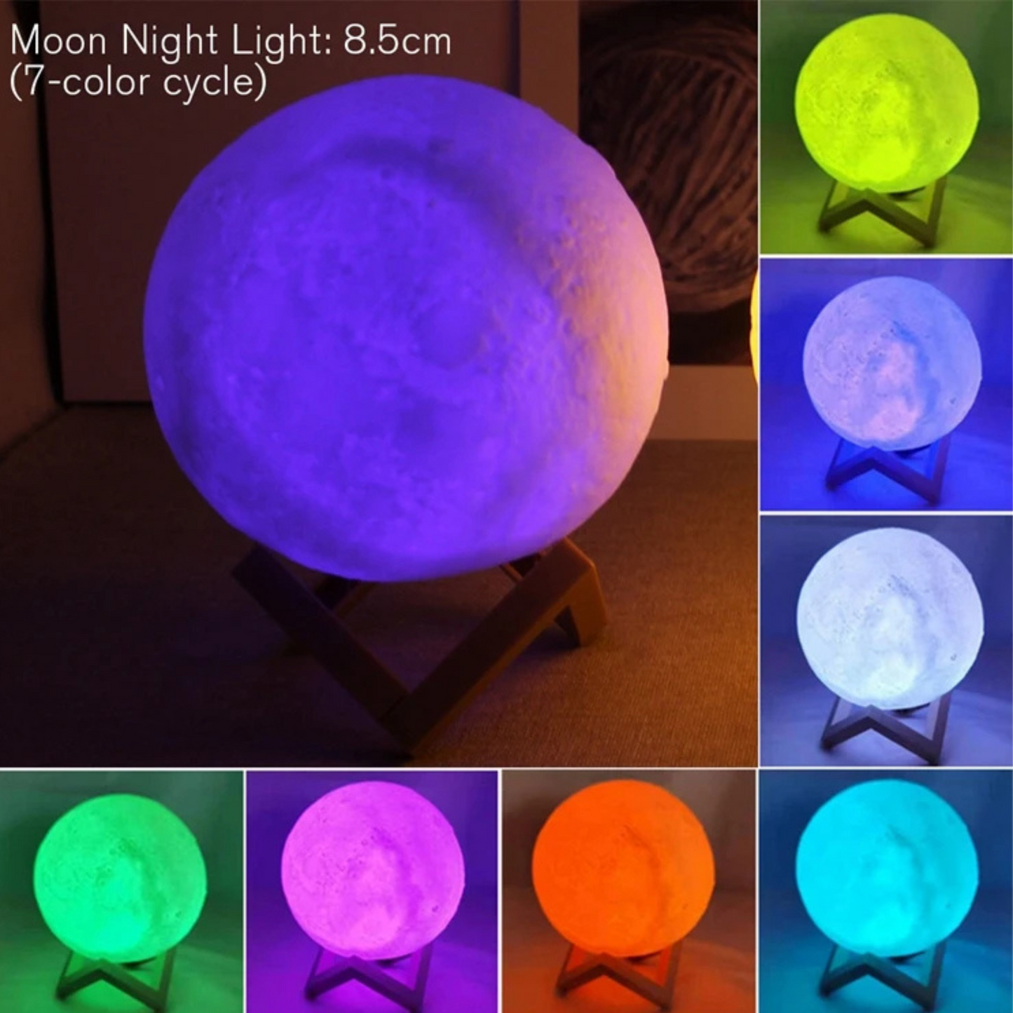 Moon night light with 7-color cycle display on a stand.