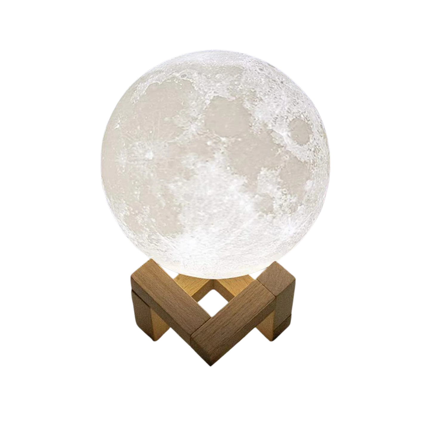 Moon lamp with wooden base on a white background