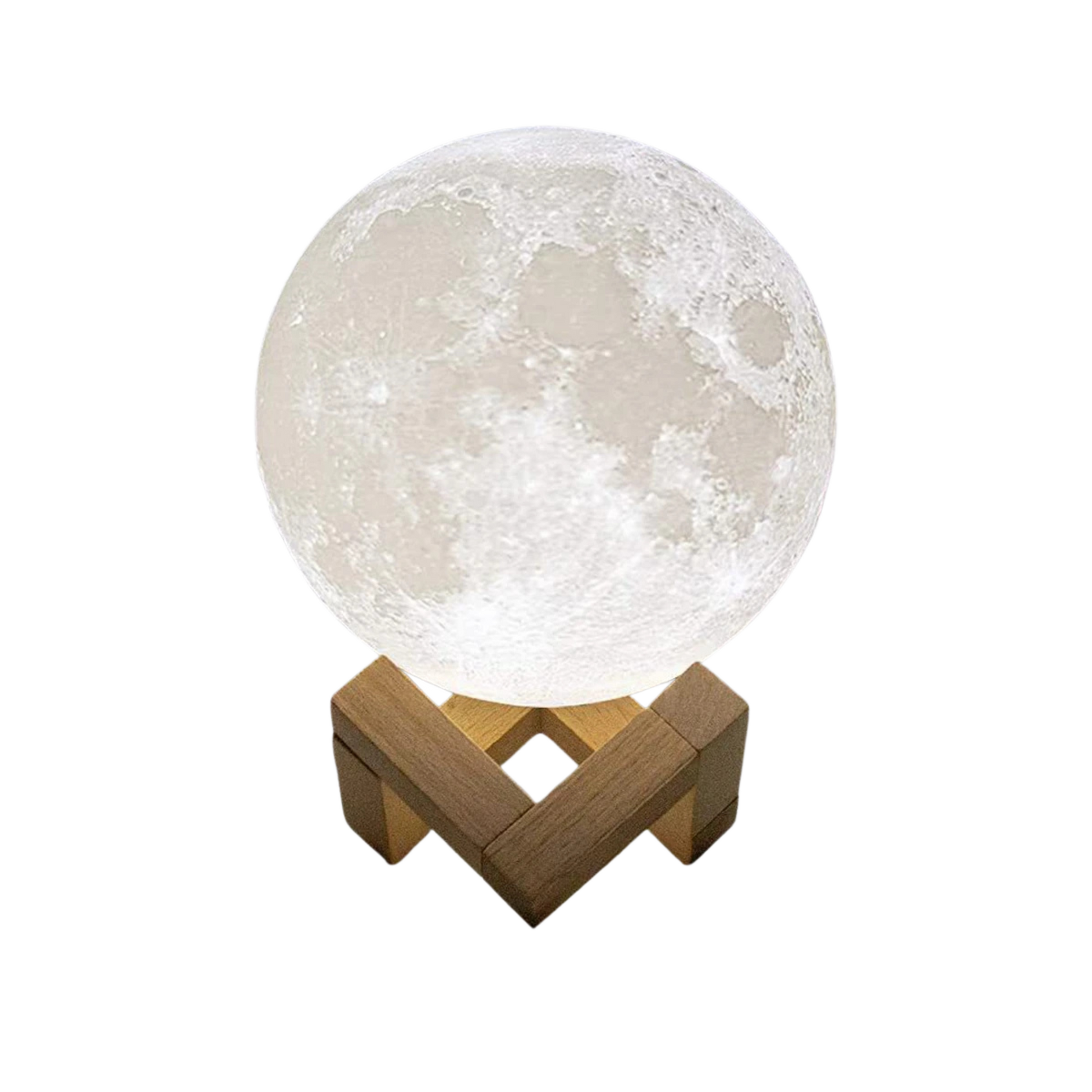 Moon lamp with wooden base on a white background