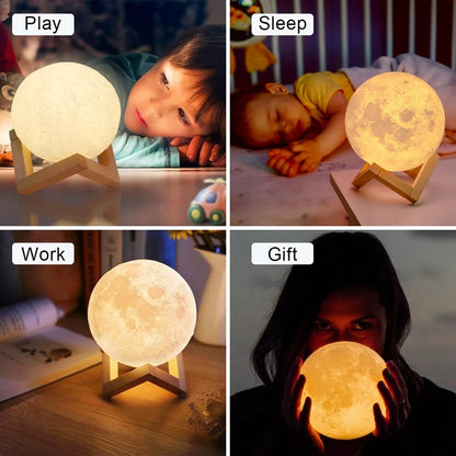 Moon lamp used for play, sleep, work, and gift purposes with different settings.