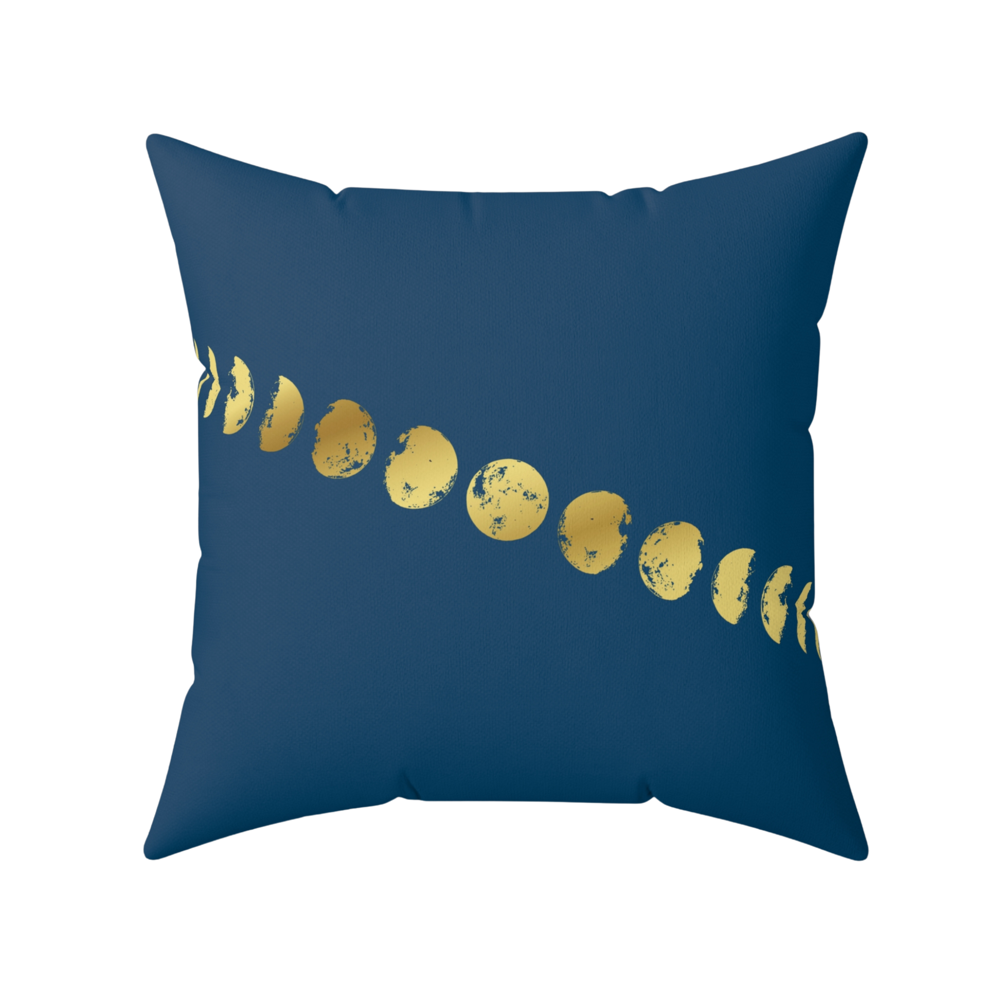 Navy blue pillow with gold moon phases design