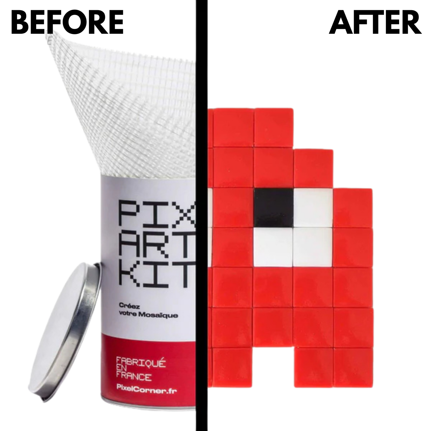 Comparison of Pixel Art Kit when you receive it vs after you have put it together.