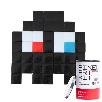 Pixel art kit with black mosaic tiles.
