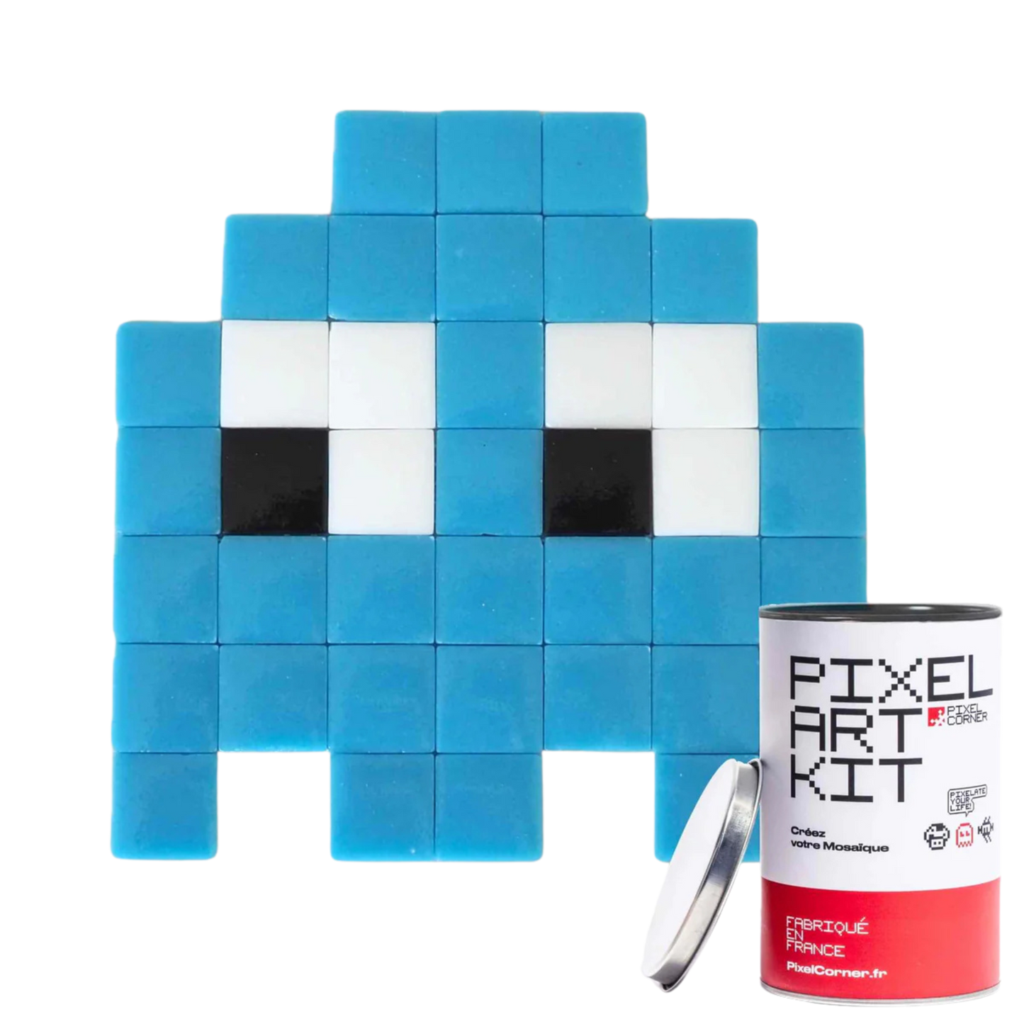 Blue pixelated character made of mosaic tiles.