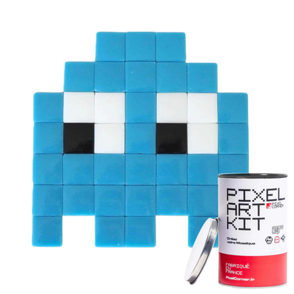 Blue pixelated character made of mosaic tiles.