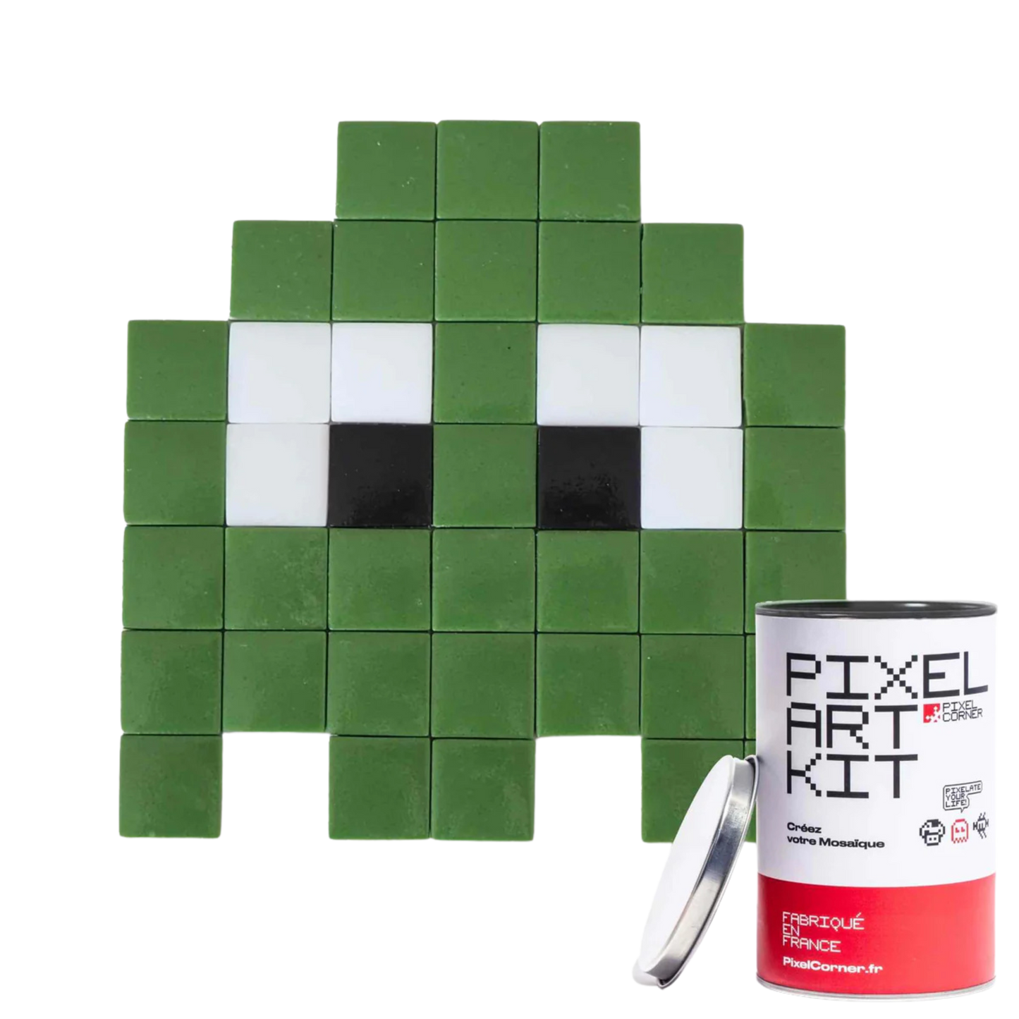 Pixel art kit with a dark green block design.