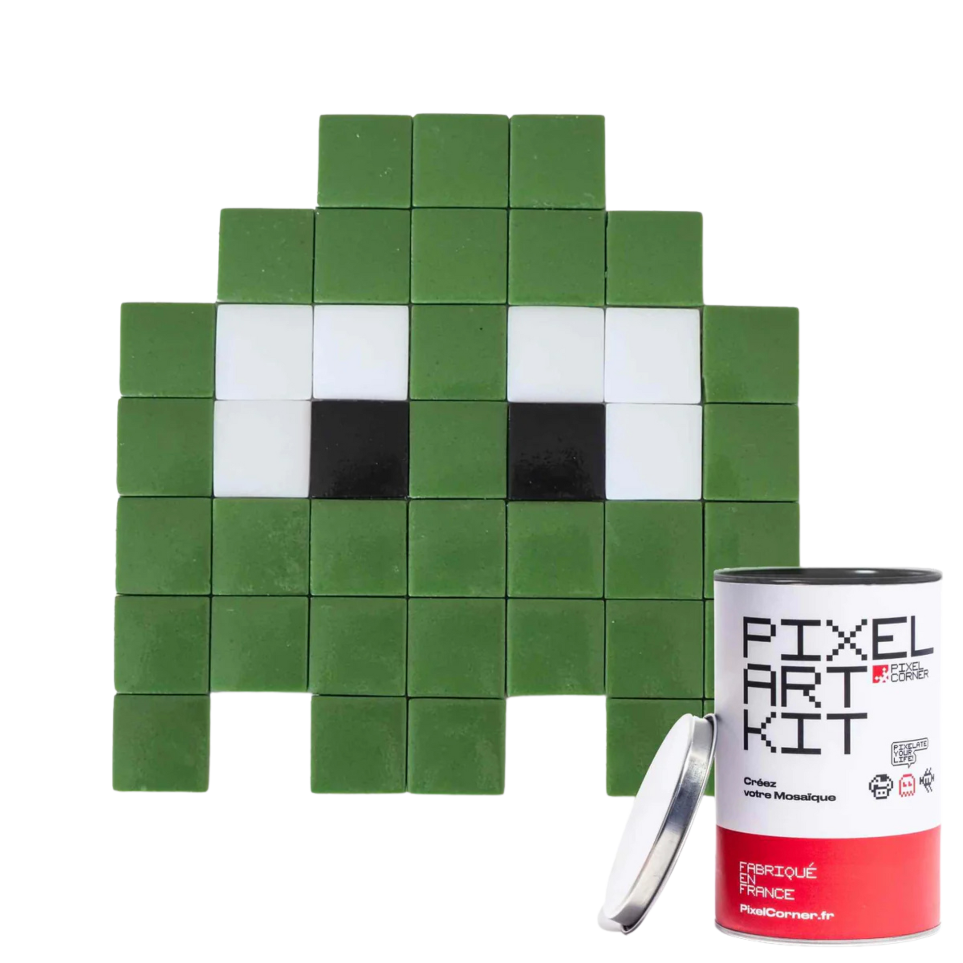 Pixel art kit with a dark green block design.